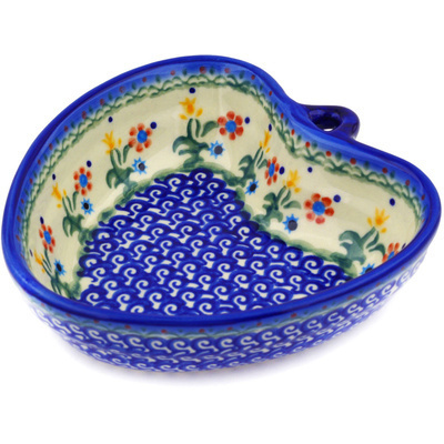 Polish Pottery Heart Shaped Bowl 6&quot; Spring Flowers
