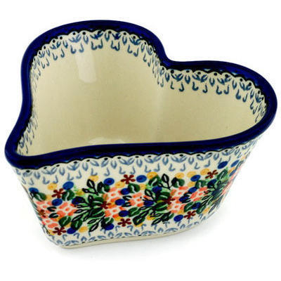 Polish Pottery Heart Shaped Bowl 6&quot; Springtime Wreath UNIKAT