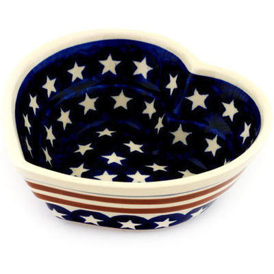 Polish Pottery Heart Shaped Bowl 6&quot; Stars And Stripes