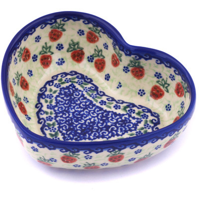 Polish Pottery Heart Shaped Bowl 6&quot; Strawberries And Cream UNIKAT