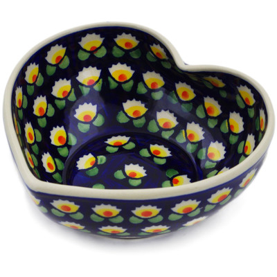 Polish Pottery Heart Shaped Bowl 6&quot; Waterlily