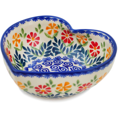 Polish Pottery Heart Shaped Bowl 6&quot; Wave Of Flowers