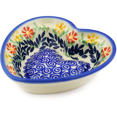 Polish Pottery Heart Shaped Bowl 6&quot; Wave Of Flowers