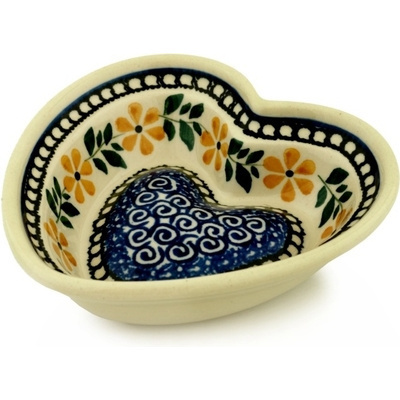 Polish Pottery Heart Shaped Bowl 6&quot; Yellow Daisy Swirls