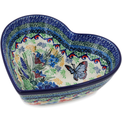 Polish Pottery Heart Shaped Bowl 7&quot; Blue Monarch Meadow UNIKAT