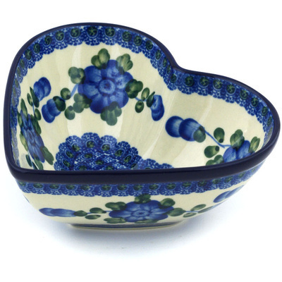Polish Pottery Heart Shaped Bowl 7&quot; Blue Poppies