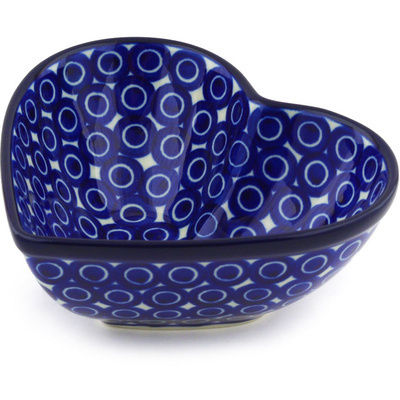 Polish Pottery Heart Shaped Bowl 7&quot; Blueberry Peacock