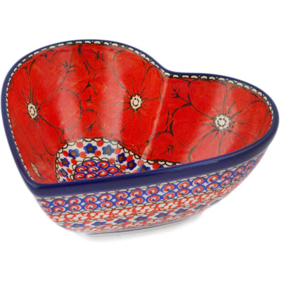 Polish Pottery Heart Shaped Bowl 7&quot; Crimson Poppies UNIKAT