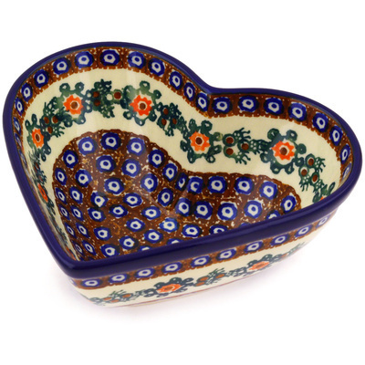Polish Pottery Heart Shaped Bowl 7&quot; Floral Peacock UNIKAT