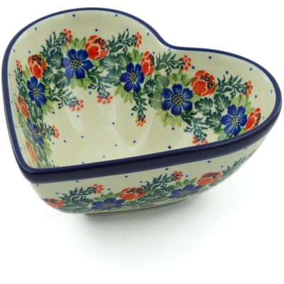 Polish Pottery Heart Shaped Bowl 7&quot; Polish Wreath