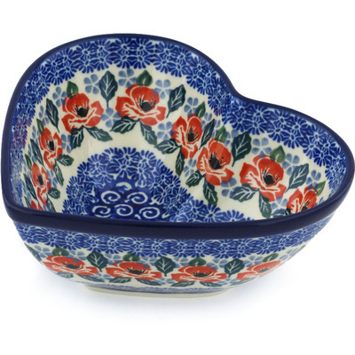 Polish Pottery Heart Shaped Bowl 7&quot; Red Poppies On Blue
