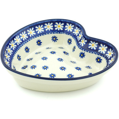 Polish Pottery Heart Shaped Bowl 8&quot; Asters And Daisies