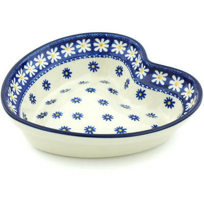Polish Pottery Heart Shaped Bowl 8&quot; Asters And Daisies