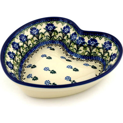 Polish Pottery Heart Shaped Bowl 8&quot; Blackberry Blooms