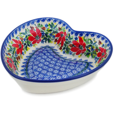 Polish Pottery Heart Shaped Bowl 8&quot; Blooming Daisies UNIKAT