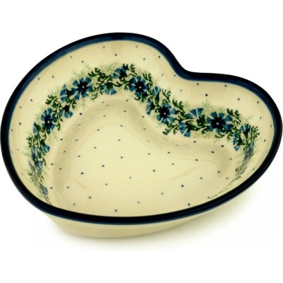 Polish Pottery Heart Shaped Bowl 8&quot; Blue Bell Wreath