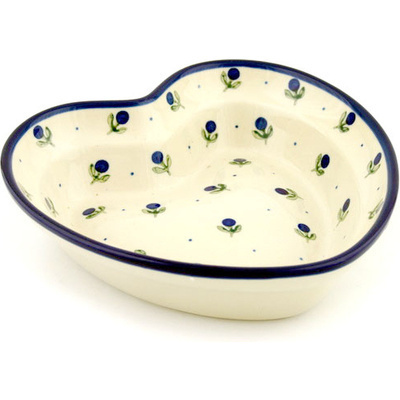 Polish Pottery Heart Shaped Bowl 8&quot; Blue Buds