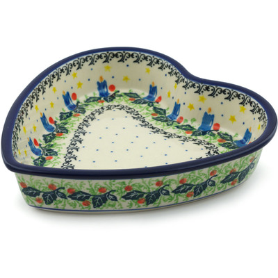 Polish Pottery Heart Shaped Bowl 8&quot; Blue Candles