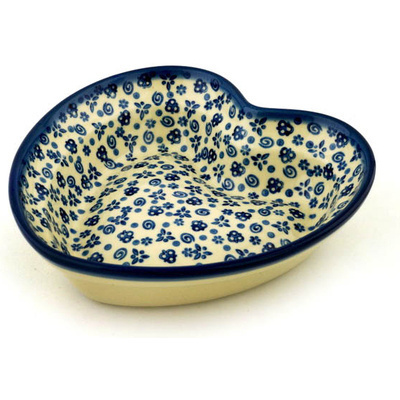 Polish Pottery Heart Shaped Bowl 8&quot; Blue Confetti