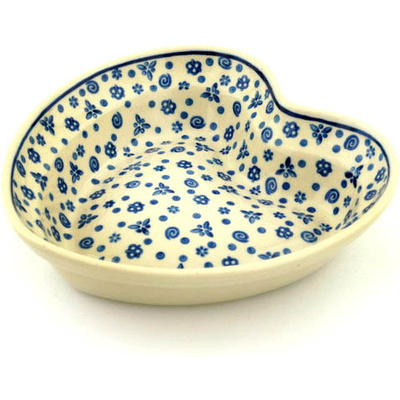 Polish Pottery Heart Shaped Bowl 8&quot; Blue Confetti