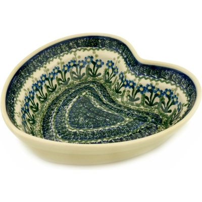 Polish Pottery Heart Shaped Bowl 8&quot; Blue Daisy Circle