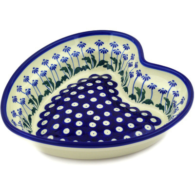 Polish Pottery Heart Shaped Bowl 8&quot; Blue Daisy Peacock