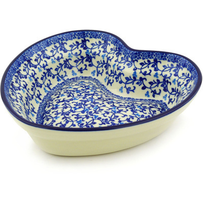 Polish Pottery Heart Shaped Bowl 8&quot; Blue Floral Lace