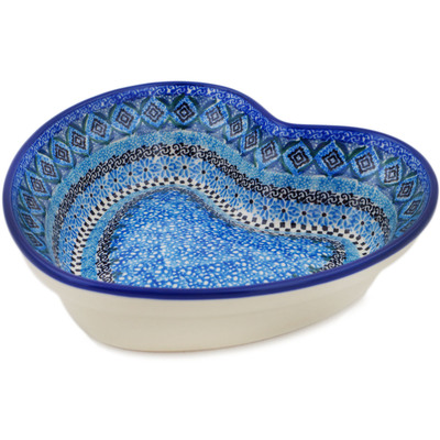 Polish Pottery Heart Shaped Bowl 8&quot; Blue Kaleidoscope UNIKAT