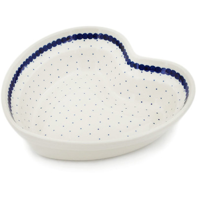 Polish Pottery Heart Shaped Bowl 8&quot; Blue Polka Dot