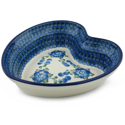 Polish Pottery Heart Shaped Bowl 8&quot; Blue Poppies