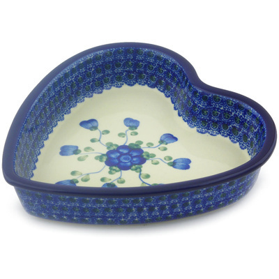 Polish Pottery Heart Shaped Bowl 8&quot; Blue Poppies