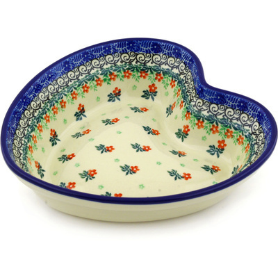 Polish Pottery Heart Shaped Bowl 8&quot; Calendula Blossoms