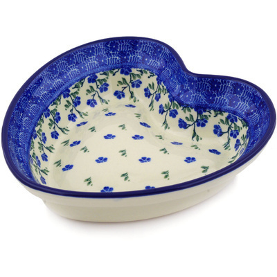 Polish Pottery Heart Shaped Bowl 8&quot; Cascading Blue Blossoms