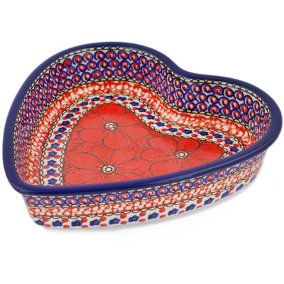 Polish Pottery Heart Shaped Bowl 8&quot; Crimson Poppies UNIKAT