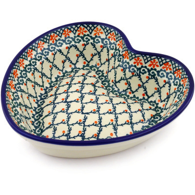 Polish Pottery Heart Shaped Bowl 8&quot; Lattice Vines