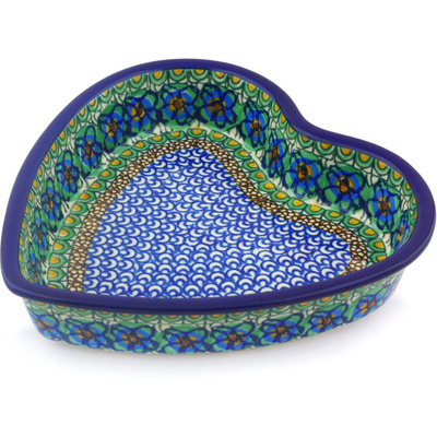 Polish Pottery Heart Shaped Bowl 8&quot; Mardi Gras UNIKAT