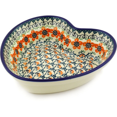 Polish Pottery Heart Shaped Bowl 8&quot; Orange Trellis