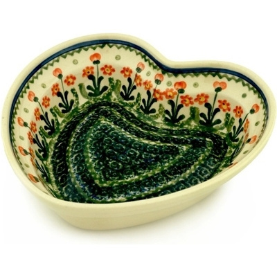 Polish Pottery Heart Shaped Bowl 8&quot; Peach Spring Daisy