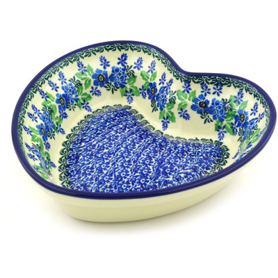 Polish Pottery Heart Shaped Bowl 8&quot; Pretty In Blue
