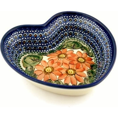 Polish Pottery Heart Shaped Bowl 8&quot; Red Blooms UNIKAT