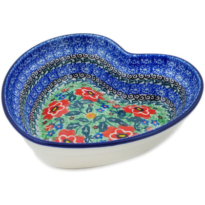 Polish Pottery Heart Shaped Bowl 8&quot; Red Poppies UNIKAT