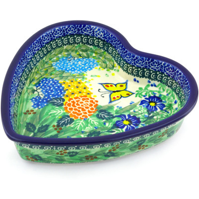 Polish Pottery Heart Shaped Bowl 8&quot; Spring Garden UNIKAT