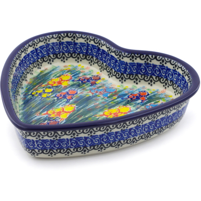 Polish Pottery Heart Shaped Bowl 8&quot; Spring Iris UNIKAT