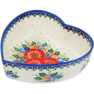 Polish Pottery Heart Shaped Bowl 8&quot; Summer Bunch