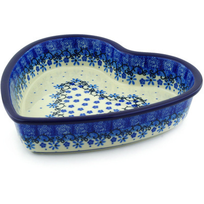 Polish Pottery Heart Shaped Bowl 8&quot; Winter Star Flowers