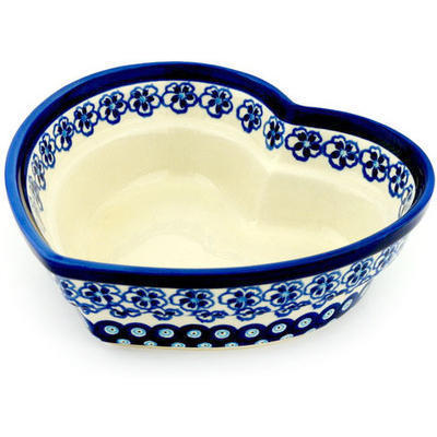 Polish Pottery Heart Shaped Bowl 9&quot; Aloha Blue