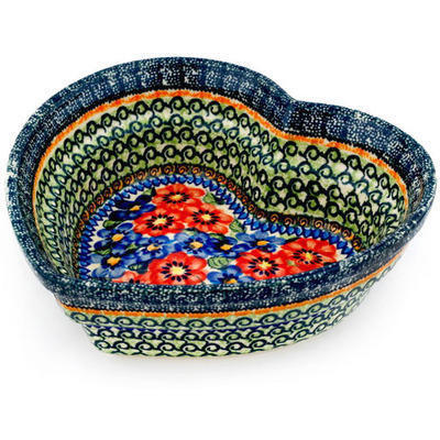Polish Pottery Heart Shaped Bowl 9&quot; Blue And Red Poppies UNIKAT