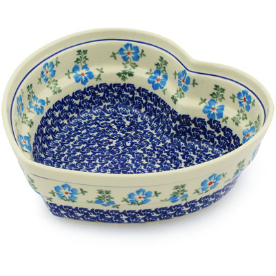 Polish Pottery Heart Shaped Bowl 9&quot; Blue Summer
