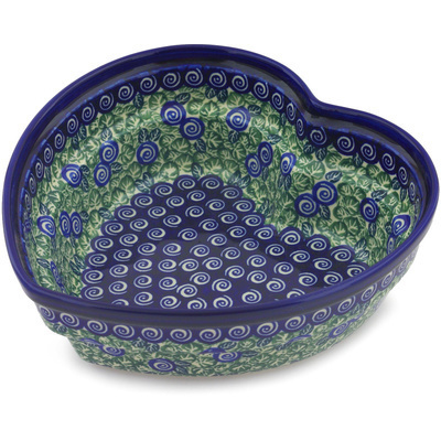 Polish Pottery Heart Shaped Bowl 9&quot; Blueberry Swirl
