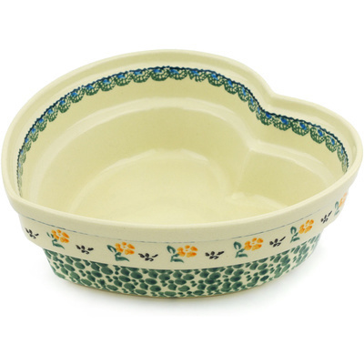 Polish Pottery Heart Shaped Bowl 9&quot; Green Bubbles